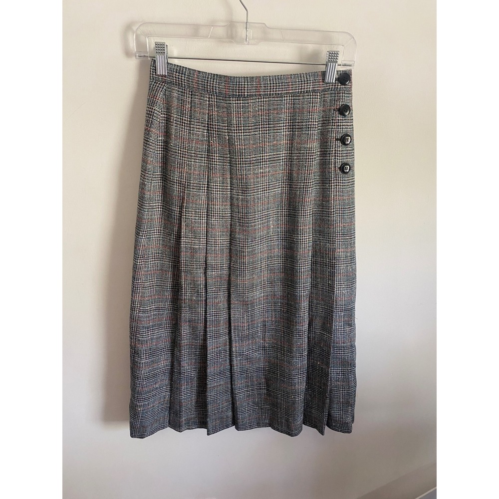 Robinsons Petites Vintage Plaid‎ Pleated Midi Skirt Side Button Gray Silk Blend